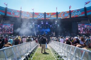 Outdoor music festival stage with colorful Cali Roots banners, crowd behind barricades, smoke, and performers on stage.