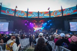 Outdoor concert crowd facing a large colorful festival stage with banners reading 'Cali Roots' and people watching a live band behind a barrier.