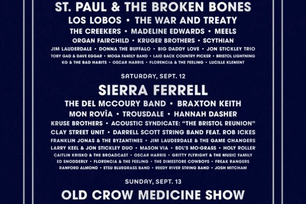 Dark blue festival poster for Bristol Rhythm & Roots Reunion, 9/11–9/13/2026, Bristol, TN & VA, featuring St. Paul & The Broken Bones, Sierra Ferrell, Old Crow Medicine Show.