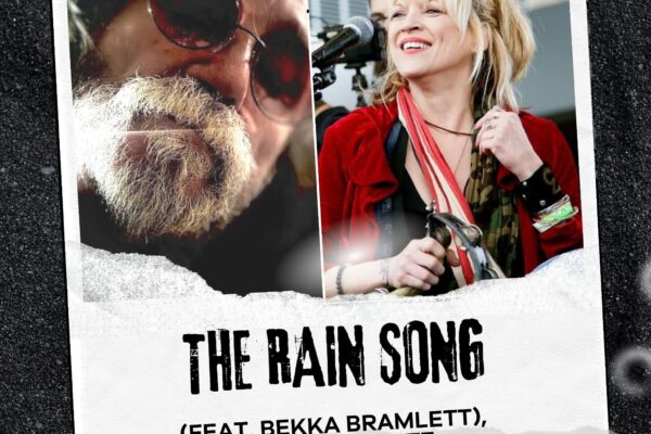 Two-panel collage of performers on a poster: a bearded man with sunglasses on the left and a smiling blonde woman singing into a microphone on the right; the text 'THE RAIN SONG' appears below on the poster.