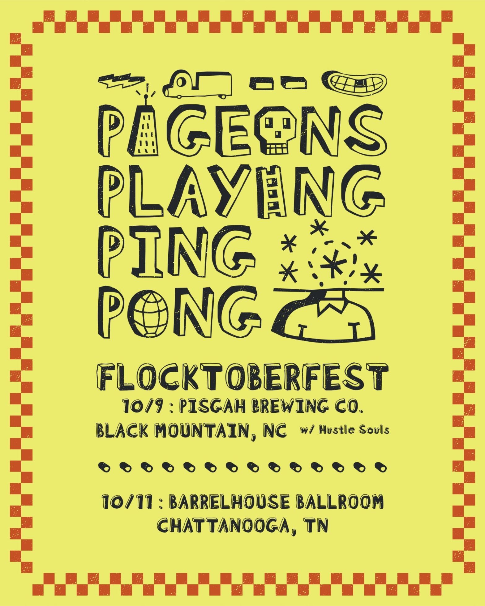 Bright yellow poster advertising Flocktoberfest at Pisgah Brewing Co. in Black Mountain, NC, with playful hand-drawn lettering and event dates.