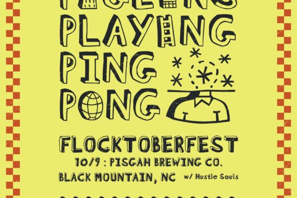 Bright yellow poster advertising Flocktoberfest at Pisgah Brewing Co. in Black Mountain, NC, with playful hand-drawn lettering and event dates.