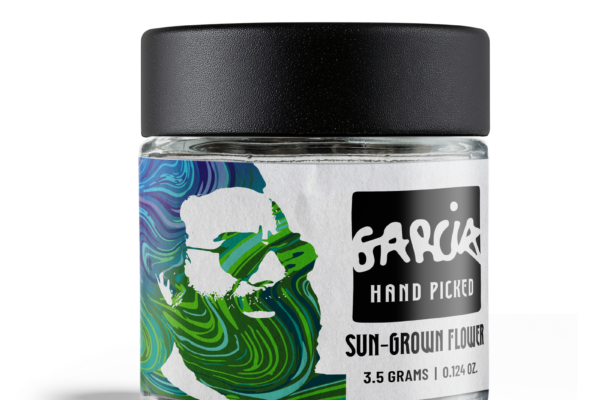 Pill bottle with a black cap and a colorful, swirling plant artwork on the label; text reads 'Sun-Grown Flower' and '3.5 grams' on a white background (product image).
