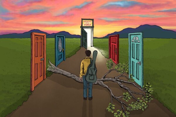 Person with a guitar case stands on a path blocked by a fallen branch, facing colorful doors in a field at sunset, with a central door labeled 'Weight of the World'.