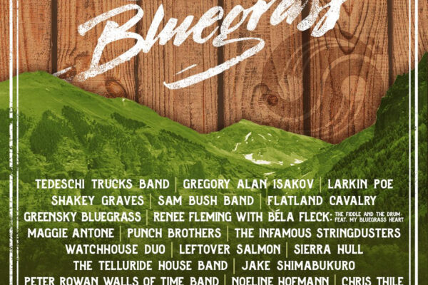 Telluride Blues & Brews festival poster with a wood background and green mountains, announcing June 18–21, 2026 and the lineup.