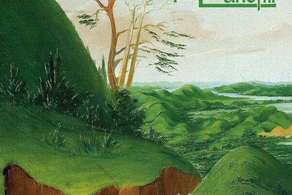 Green landscape with rolling hills, a cliff in the foreground, a river in the distance, and two white goats in the lower right.