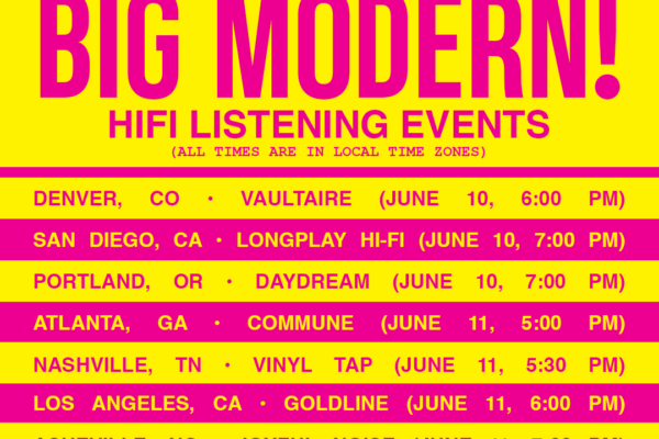 Bold two-tone poster announcing Goose Big Modern! HiFi Listening Events with city list and June 10–11 times across venues, in bright pink and yellow.