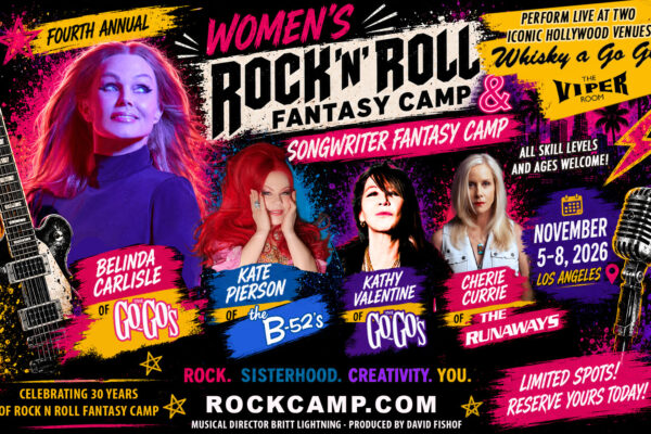 Colorful poster advertising Women's Rock 'n' Roll Fantasy Camp with photos of Belinda Carlisle, Kate Pierson, Cathy Valentine, Cherie Currie; date Nov 5–8, 2026 in Los Angeles; bold guitar and microphone artwork; rock vibe.