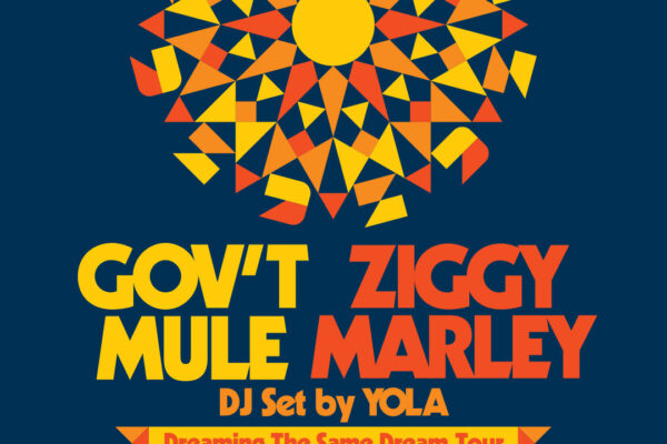 Poster announcing Gov't Mule and Ziggy Marley DJ set by Yola for Dreaming The Same Dream Tour, with a geometric mandala design on navy background.