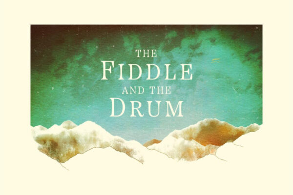 Album cover for The Fiddle and the Drum by Renée Fleming with Béla Fleck, featuring a green, cloudy sky and stylized mountains on a cream background.