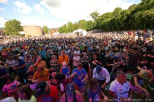 Huge outdoor crowd at a music festival, densely packed on grass with trees and a white tent visible in the background on a sunny day.
