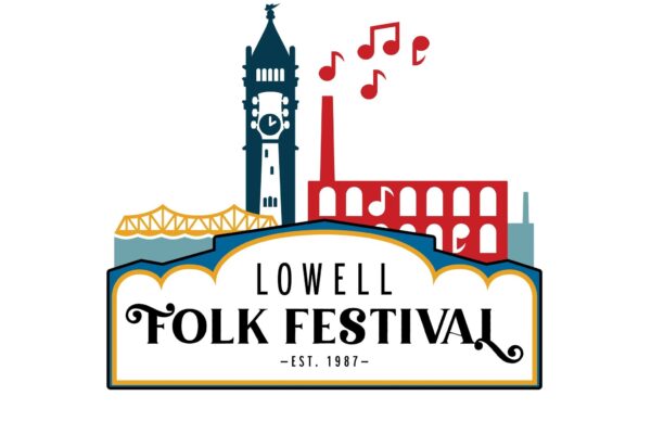Festival logo for Lowell Folk Festival featuring the clock tower, bridge, and bold red typography.