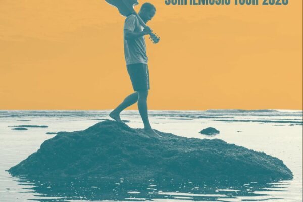 Poster for Jack Johnson Surf/Music Tour 2026: person with guitar standing on a rock by the sea against an orange background; bold tour text at top and dates at the bottom.