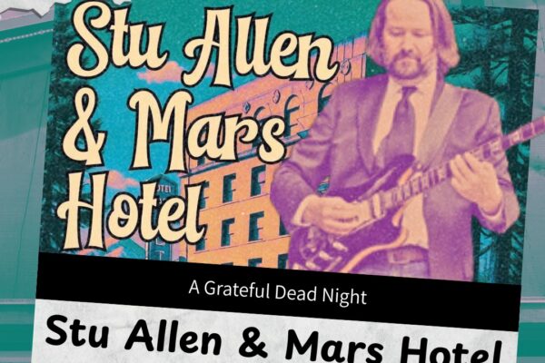 Collage-style concert flyer for Ashkenaz: large 'Stu Allen & Mars Hotel' text with a guitarist image, Ashkenaz logo in the corner, and a black date badge reading 'Wed Jun 17 2026'; includes venue and ticket details and website www.ashkenaz.com