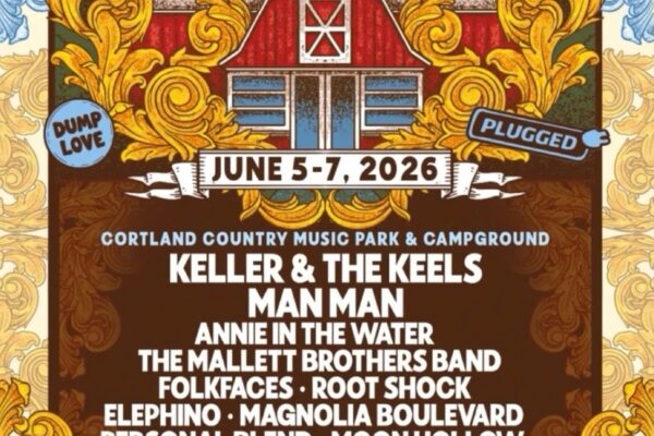 Festival poster for The Family Hoedown, June 5–7, 2026, with a barn illustration, ornate gold scrollwork, and a lineup of bands and vendors.