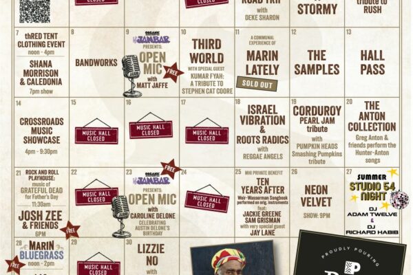 June 2026 Sweetwater Music Hall calendar showing daily events, closures, and highlighted performances.