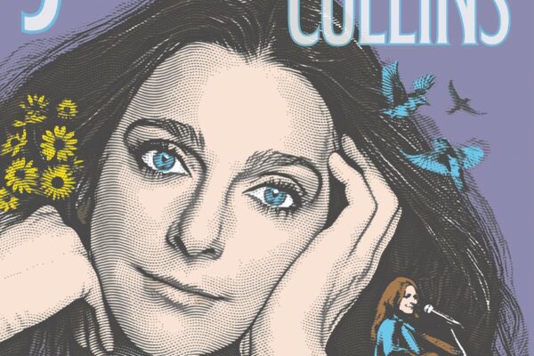 Poster advertising Judy Collins concert, with a stylized illustration of the artist and bold 'Judy Collins' branding and 'Six Decades of Song' text.