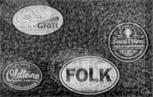 Cluster of round festival logos on a dark textured background, dominated by a large 'FOLK' badge and a 'Folk & Roots Music' circle to the right.