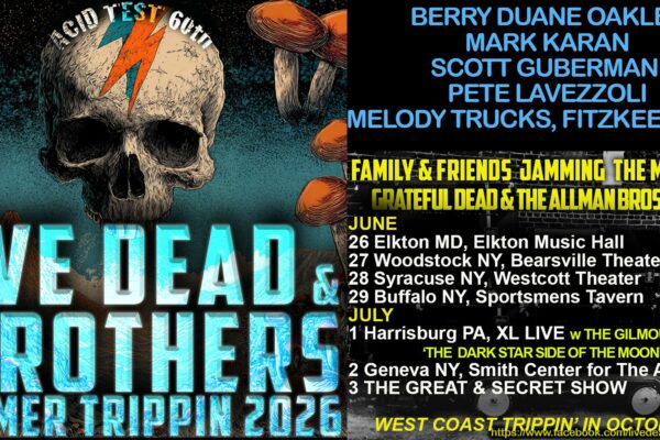 Split concert poster: left side shows a skull with orange mushrooms and neon blue text; right side lists tour dates and venues in blue and yellow on black background.