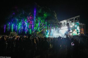 Nighttime outdoor concert with a stage on the right and trees wrapped in multicolored lights, crowd silhouettes in the foreground.