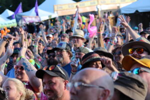 Crowd at an outdoor festival with many people raising their hands and cheering.