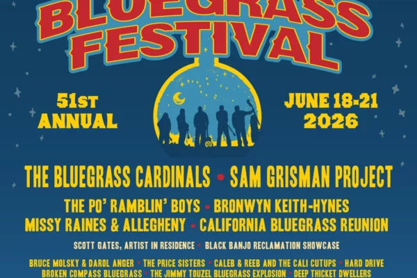 Festival poster for the California Bluegrass Association's Father's Day Bluegrass Festival, June 18–21, 2026, with a silhouetted group under a yellow dome on blue background.