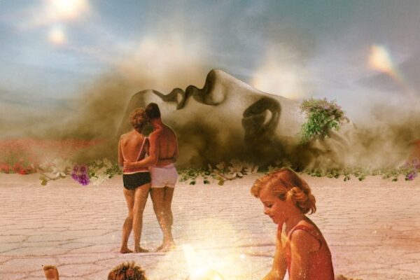 Album cover: a surreal desert scene with a giant sand-carved reclining head in the background; three children interact around a glowing orb in the foreground.