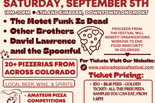 Poster for The Colorado Pizza Festival in downtown Longmont, Saturday Sept 5, 1–10 PM at 4th & Kimbark, featuring pizza vendors, live bands, and proceeds benefiting local food-insecurity initiatives.