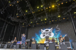 Rock band performing on a large outdoor stage with bright yellow lights and a backdrop showing a white monkey graphic.