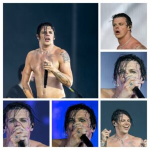 Collage of a shirtless male singer with wet hair performing on stage, holding a microphone.