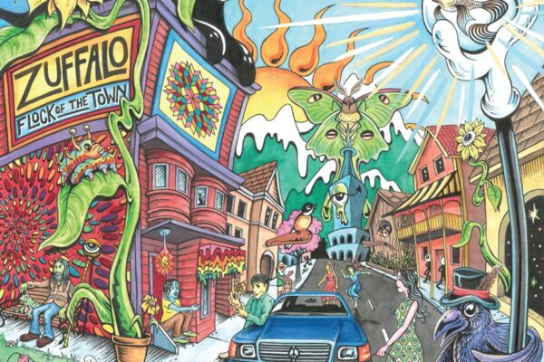 Vibrant mural of a whimsical town: a blue car at a crosswalk, strange creatures, sunflowers, and a bold sign reading 'ZUFFALO FLOCK OF THE TOWN'