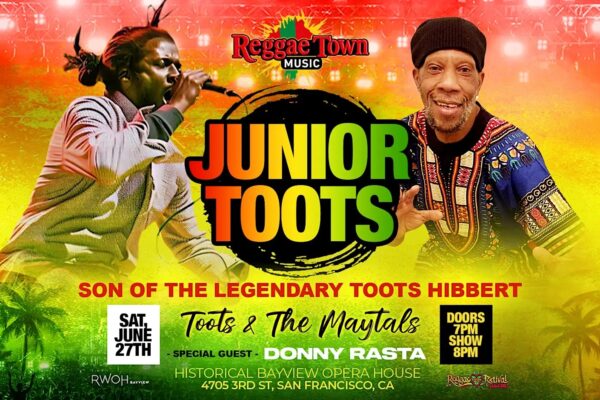 Colorful reggae concert poster for Junior Toots with two performers and event details including date and venue (San Francisco).