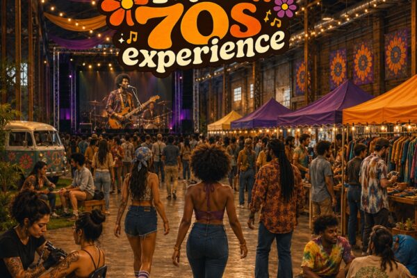 Indoor retro festival scene with a large 'That 70s Experience' sign, string lights, a live band, and a lively market crowd with skaters and vendors.