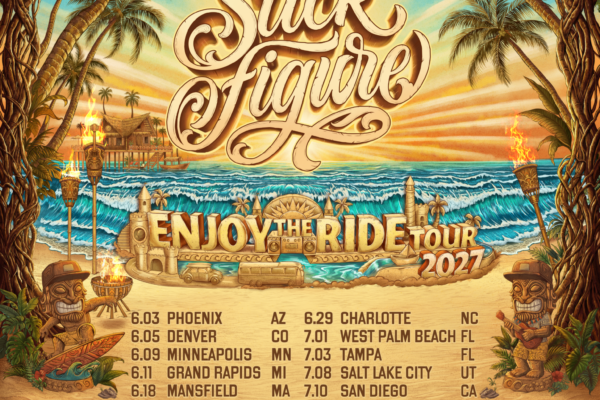 Poster for Stick Figure's Enjoy the Ride Tour 2027 with a tropical beach scene, palm trees, waves, and tiki statues; tour dates listed at the bottom in bold text.