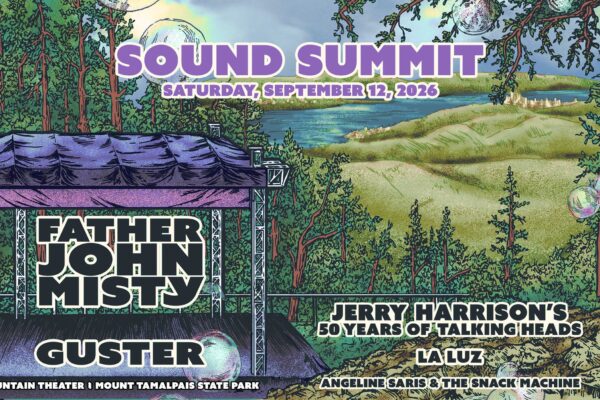 Poster for Sound Summit festival featuring Father John Misty on a stage amid trees and a scenic landscape, bold event text overhead.