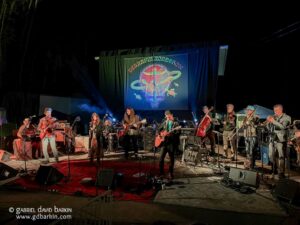 Nighttime outdoor concert with a full band playing on stage, guitars, brass, and drums, at a venue with a large colorful banner backdrop.