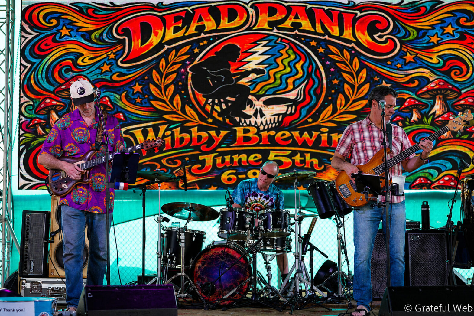Band performing on a colorful psychedelic backdrop featuring a skull design and the word 'DEADPAN'; left guitarist in a purple shirt, center drummer, right bassist.
