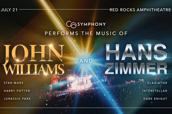 Event poster for a joint John Williams and Hans Zimmer symphony performance at Red Rocks Amphitheatre on July 21.