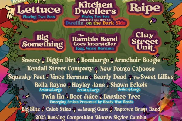 Colorful festival poster for The Ramble Festival with sun, rainbow, hills, and a Friday–Sunday lineup across multiple acts.