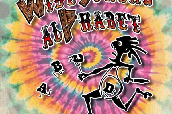 Psychedelic tie-dye poster featuring a black stick-figure riding a bicycle, surrounded by jagged, distressed lettered title, with credit line reading 'Written by Pete Mason, Illustrated by Mark Serlo' at the bottom.