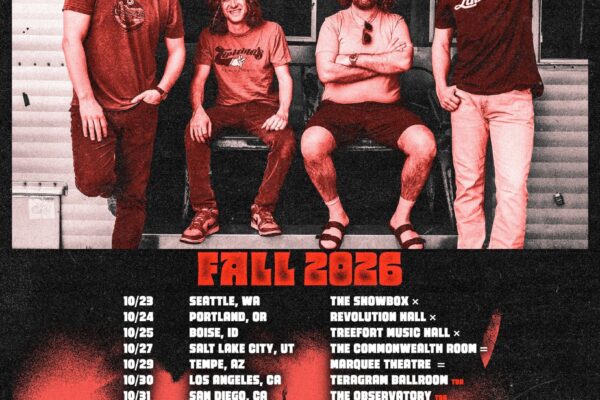 Promotional poster for Pigeons Playing Ping Pong Fall 2026 tour with four band members posing in front of a trailer; bold red band name at top and tour dates down the page.
