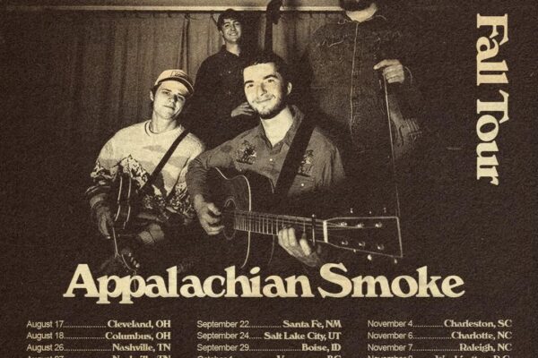 Vintage poster of Mountain Grass Unit band, four musicians with guitars and a cello/bass, announcing Fall Tour and Appalachian Smoke, with tour dates listed