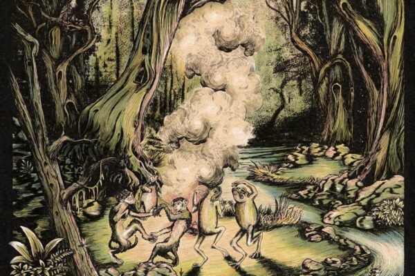 In a dense forest, four primitive humans dance around a smoky vent while a smoke plume rises between mossy trees; a tombstone sits nearby in the foreground.