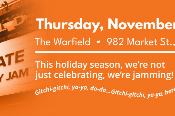 Promotional poster for GLIDE Holiday Jam: Thursday, November 5, 2026 at The Warfield, 982 Market St., San Francisco; slogan 'we're not just celebrating, we're jamming!' and GLIDE heart logo.