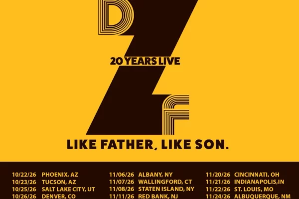 Concert tour poster for Dweezil Zappa: '20 Years Live' 'Like Father, Like Son' on a yellow background with tour dates listed at the bottom.