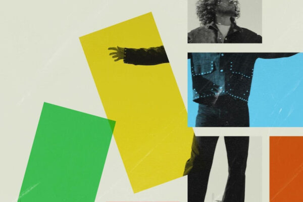 Album cover for 'Emmet Cohen: Universal Truth' featuring bold black and blue typography with colorful geometric blocks and a grayscale photo of a man in a collage layout.