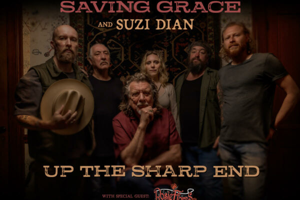 Concert poster advertising Robert Plant with Saving Grace and Suzi Dian, band photo in a dim room, title 'Up the Sharp End' and date Sept. 22 at Pikes Peak Center with guest Ros—Fibers logo at bottom.