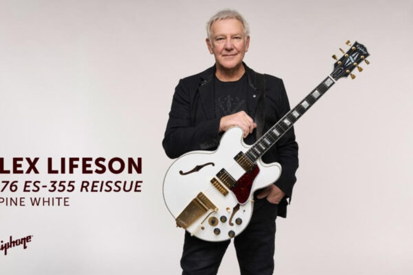 Promotional photo of Alex Lifeson holding a white Epiphone ES-355 guitar (Alpine White), with model text shown on left.