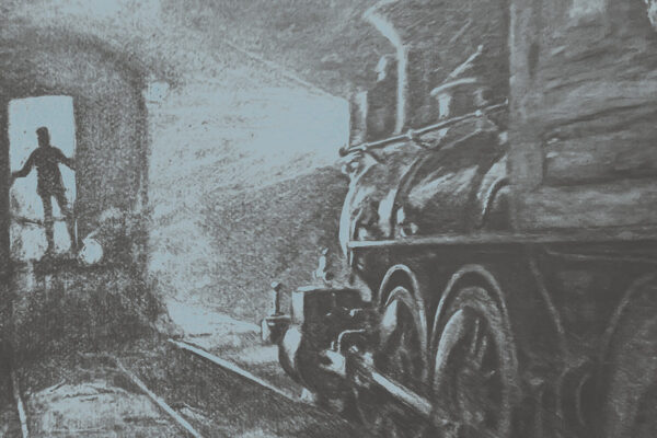 Album cover with a vintage steam locomotive entering a tunnel; band name ‘BALSAM RANGE’ at top and title ‘LIFE I LEFT BEHIND’ at bottom in pale blue.