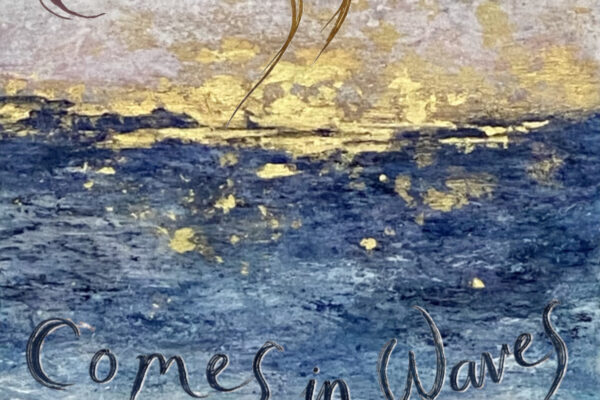 Close-up of dark brown cursive text on a weathered, blue-gray textured surface, decorative background.